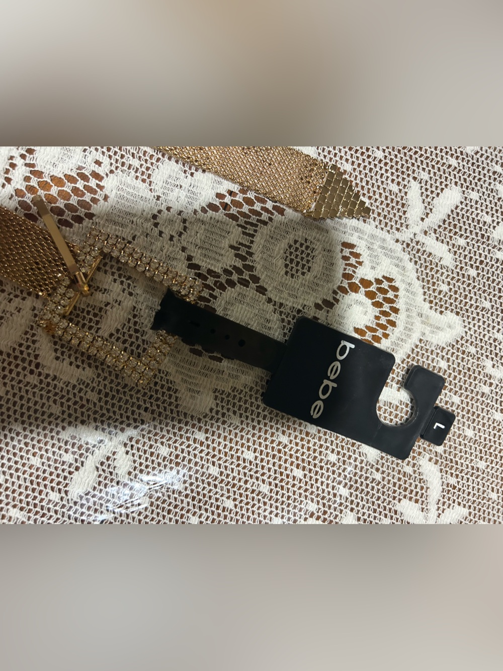 bebe Gold Mesh Bracelet with Rhinestone Square Buckle